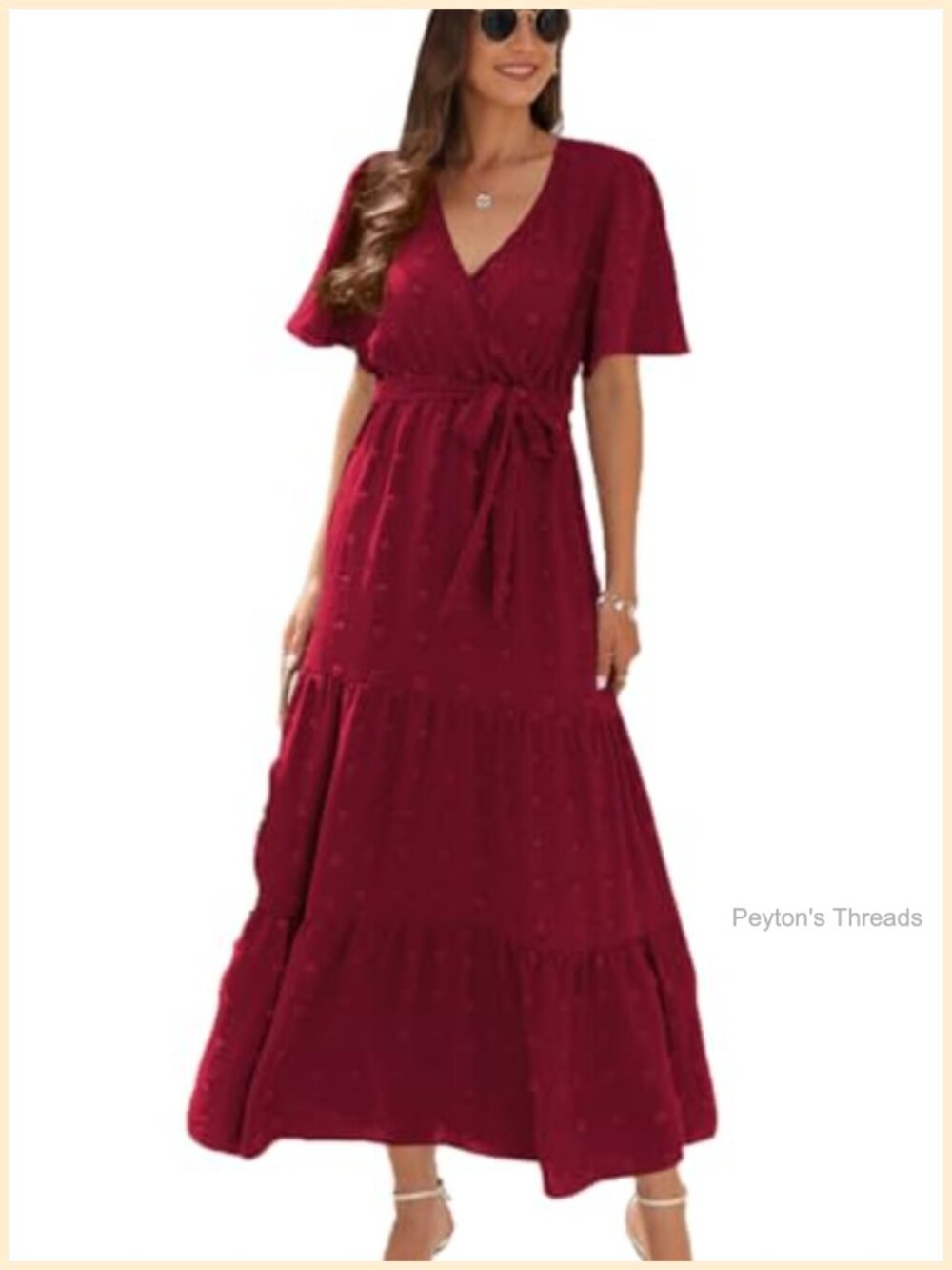 Swiss Dot Maxi Dress Wrap V Neck Short Sleeve Flowy Boho Wedding Guest Dress